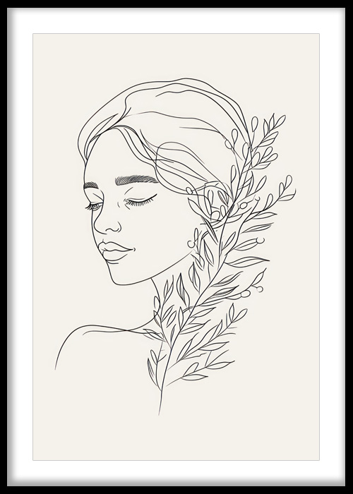 Serene Botanical Woman Line Art